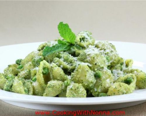 Small Shells with Mint Pistachio Pesto, Peas and Ricotta